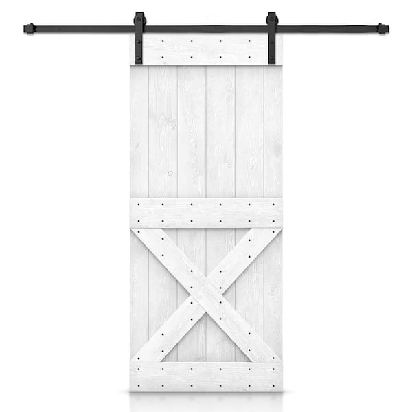CALHOME 26 in. x 84 in. Distressed Mini X Series Light Cream Stained DIY Wood Interior Sliding Barn Door with Hardware Kit