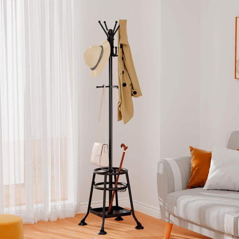 Freestanding Coat Rack Black Metal Umbrella Stand with 12-Hooks