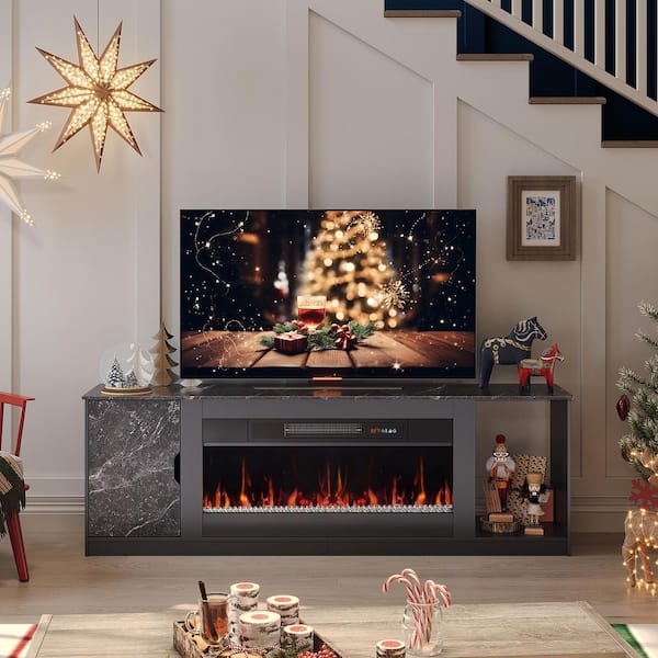 70 in. Freestanding Electric Fireplace TV Stand in Marble Black with Adjustable Shelves LED Entertainment Center