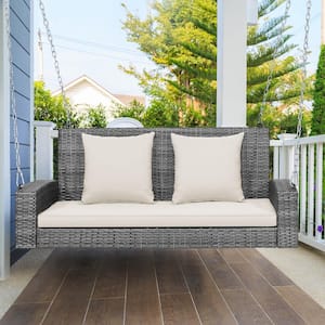 2-Person Gray Wicker Outoor Patio Porch Swing with White Cushions