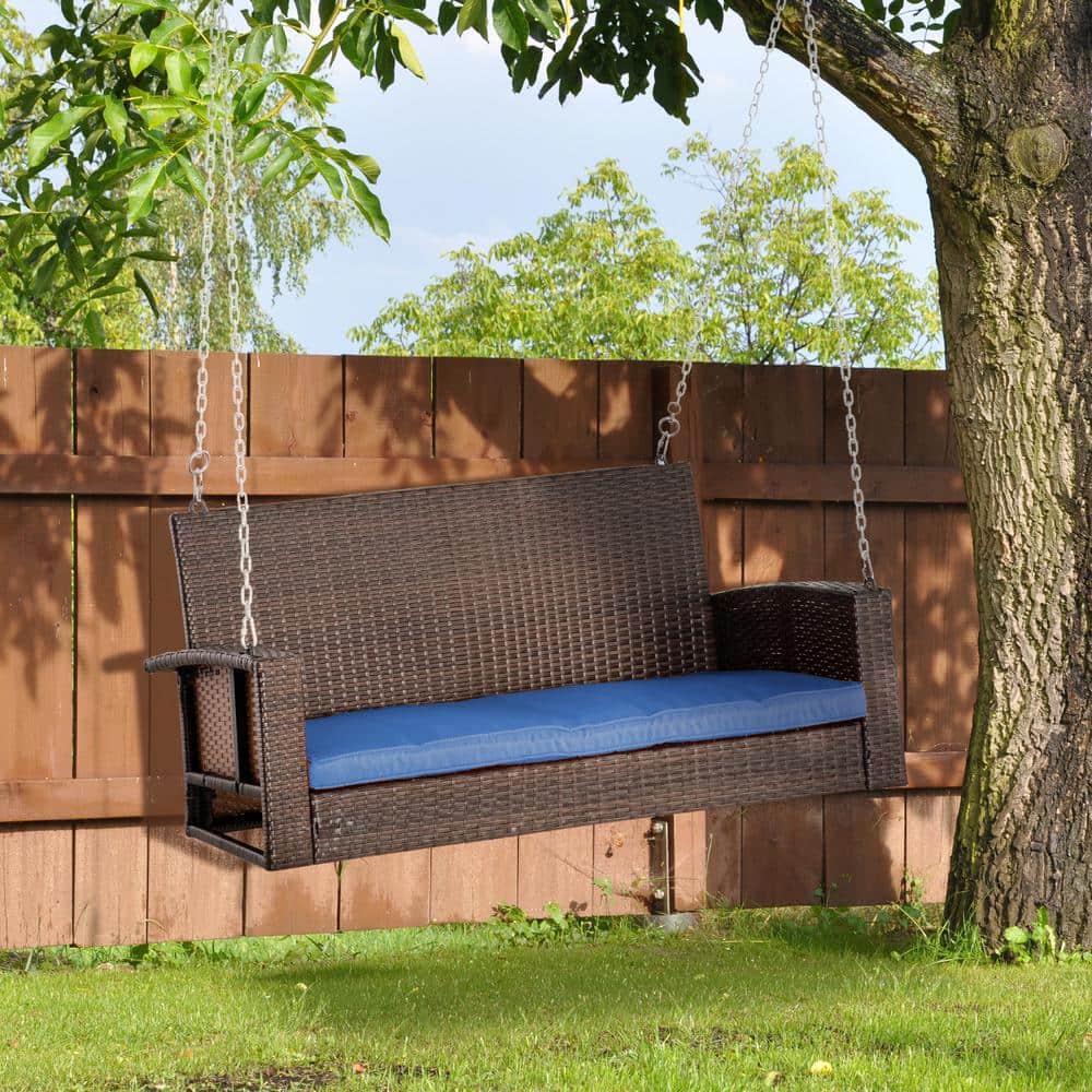 Blue Cushioned Wicker Hanging Porch Swing Bench