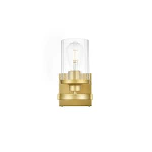 Simply Living 5 in. 1-Light Modern Brass Vanity Light with Clear Cylinder Shade