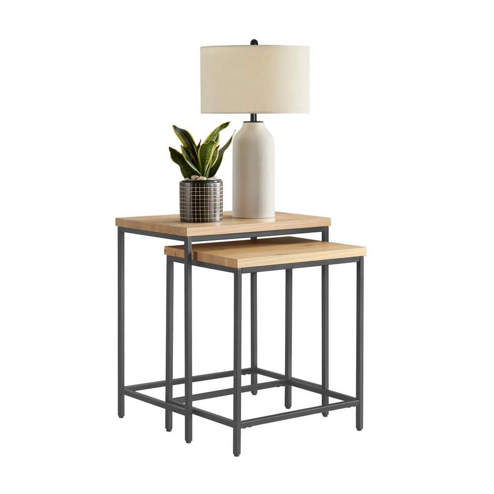 Oak and Black Metal Modern Nesting Tables Set