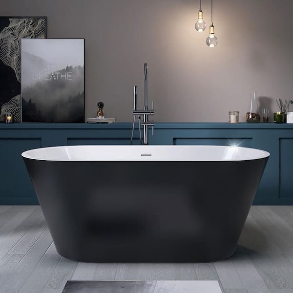 Getpro 59 in. x 29.5 in. Acrylic Flat Bottom Free Standing Soaking Bathtub with Center Drain Freestanding Bathtub in Black