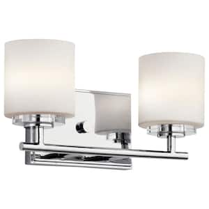 Ohara 13 in. 2-Light Chrome Halogen Transitional Bathroom Vanity Light with Etched Glass Shade