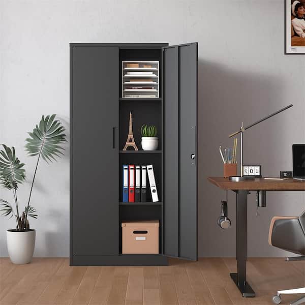 Black 71 in. H Metal Office Storage Cabinet Steel Locking Cabinet with Doors and 3 Adjustable Shelves