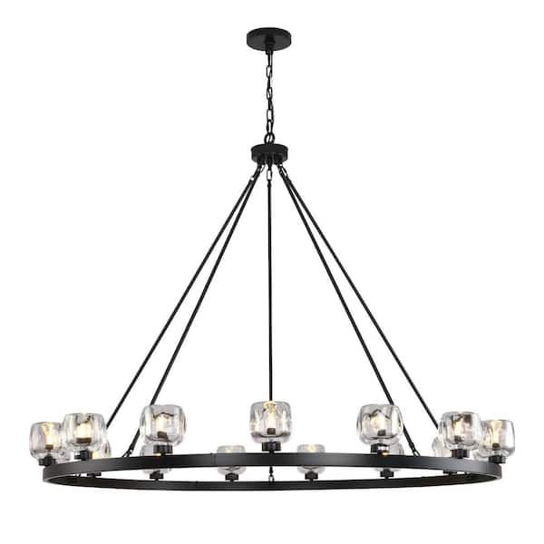 15 Lights 59 in. Dimmable Wagon Wheel Black Chandelier with Glass Shade for Dining Room Living Room Bedroom Foyer