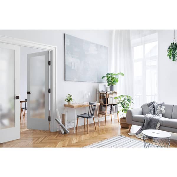 48 in. x 80 in. Bi-Parting Solid Core Wood Primed Composite Prehung French Door Catch Ball Frosted Glass Shiny Nickel