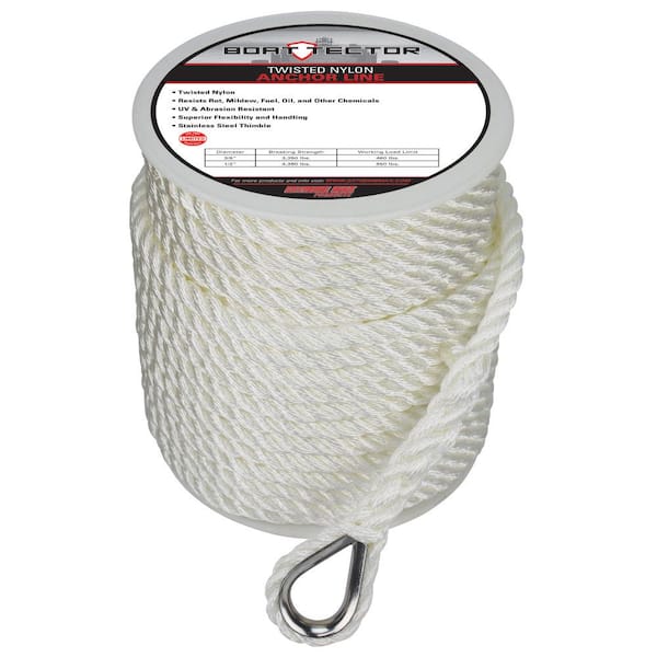 Extreme Max BoatTector Twisted Nylon Anchor Line with Thimble - 1/2 in. x 150 ft., White