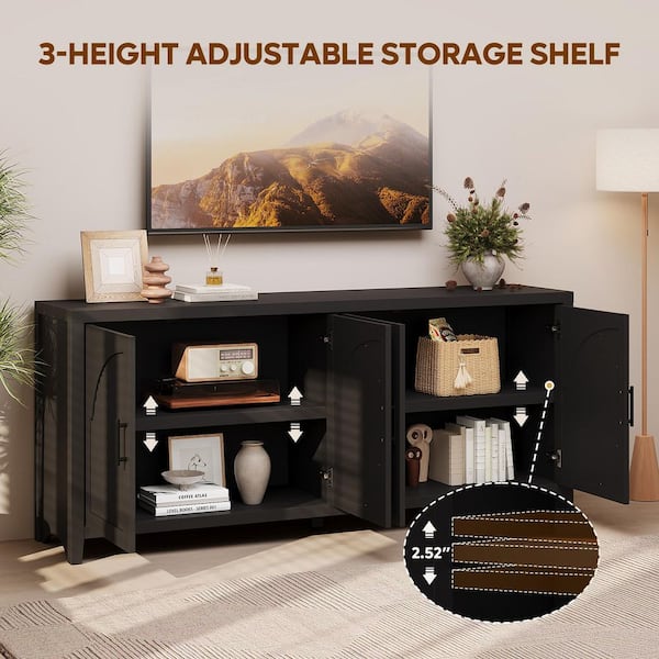 70 in. Modern Grain Black TV Stand Entertainment Center Fits TVs Up to 75 in. with 4-Arched Reeded Doors