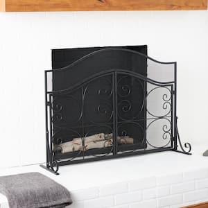 Black Metal Scroll Arched 1-Panel 2-Door Fireplace Screen with Mesh Backing
