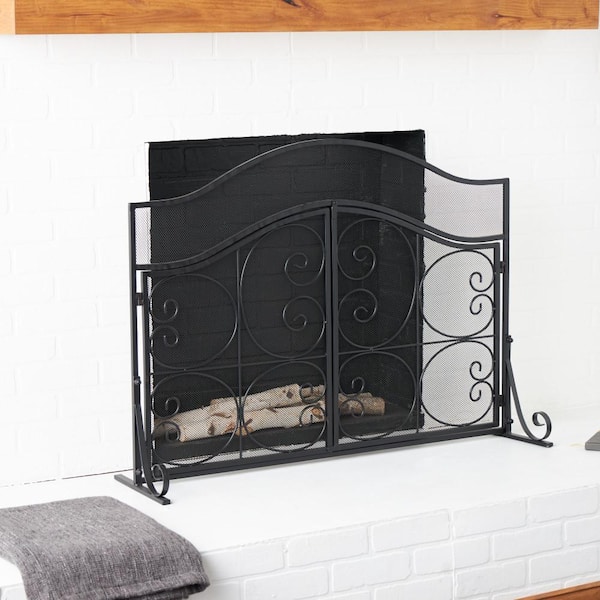 Litton Lane Black Metal Scroll Arched 1-Panel 2-Door Fireplace Screen with Mesh Backing