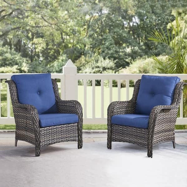 Gymojoy Carolina Gray Wicker Outdoor Patio Lounge Chair with CushionGuard Blue Cushion (2-Pack）