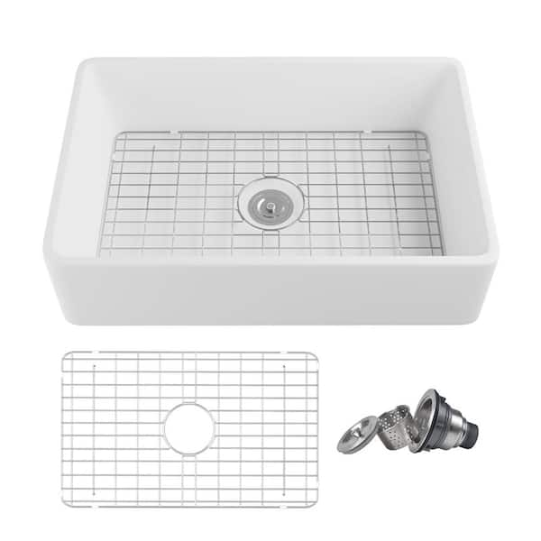 Feast White Ceramic 33 in. L x 20 in. W Rectangular Single Bowl Farmhouse Apron Kitchen Sink with Grid and Strainer