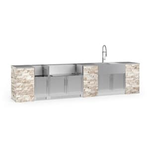 Signature 149.16 in. L x 25.5 in. D x 58.64 in. H 11-Piece SS Outdoor Kitchen Cabinet Set in Ivory Travertine Stone