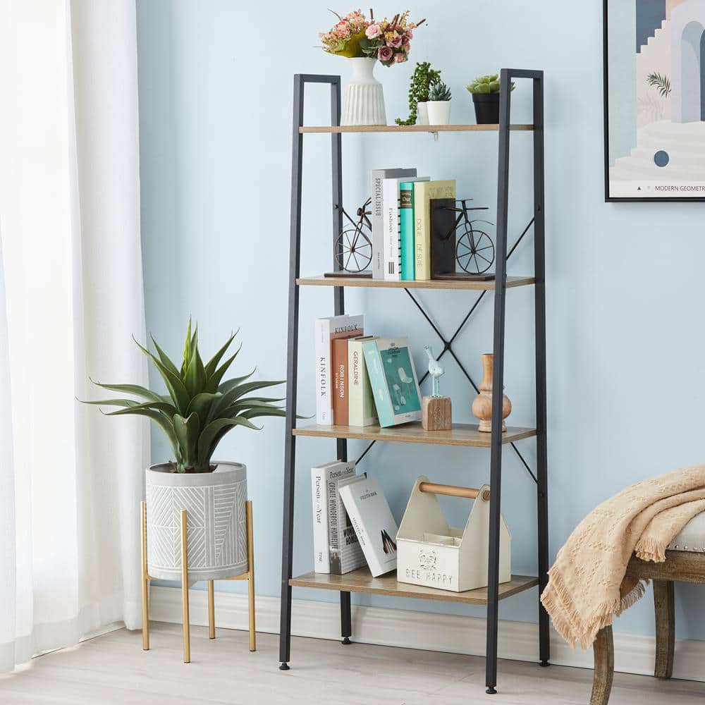 Black Metal and Wood 4-Shelf Ladder Bookcase