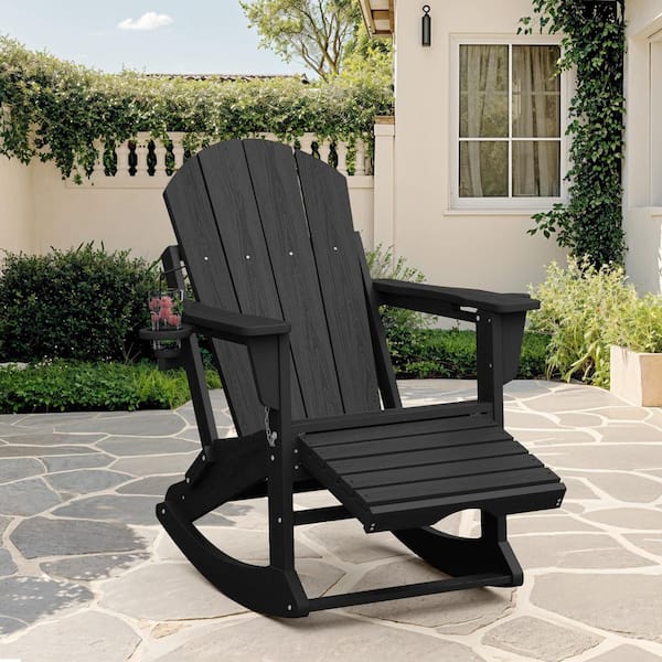 Adirondack Plastic HDPE Folding Outdoor Rocking Chair with Retractable Ottoman and Cup Holder for Patios in Black