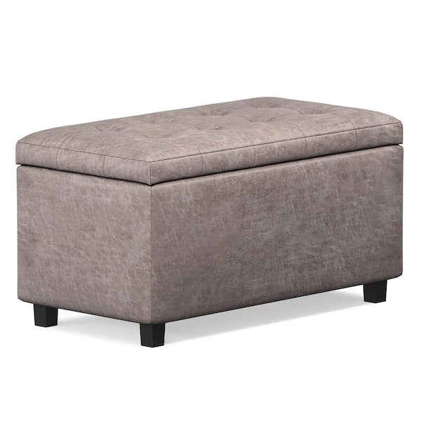 Cosmopolitan 34 in. Wide Transitional Rectangle Storage Ottoman in Distressed Grey Taupe Vegan Faux Leather, Assembled