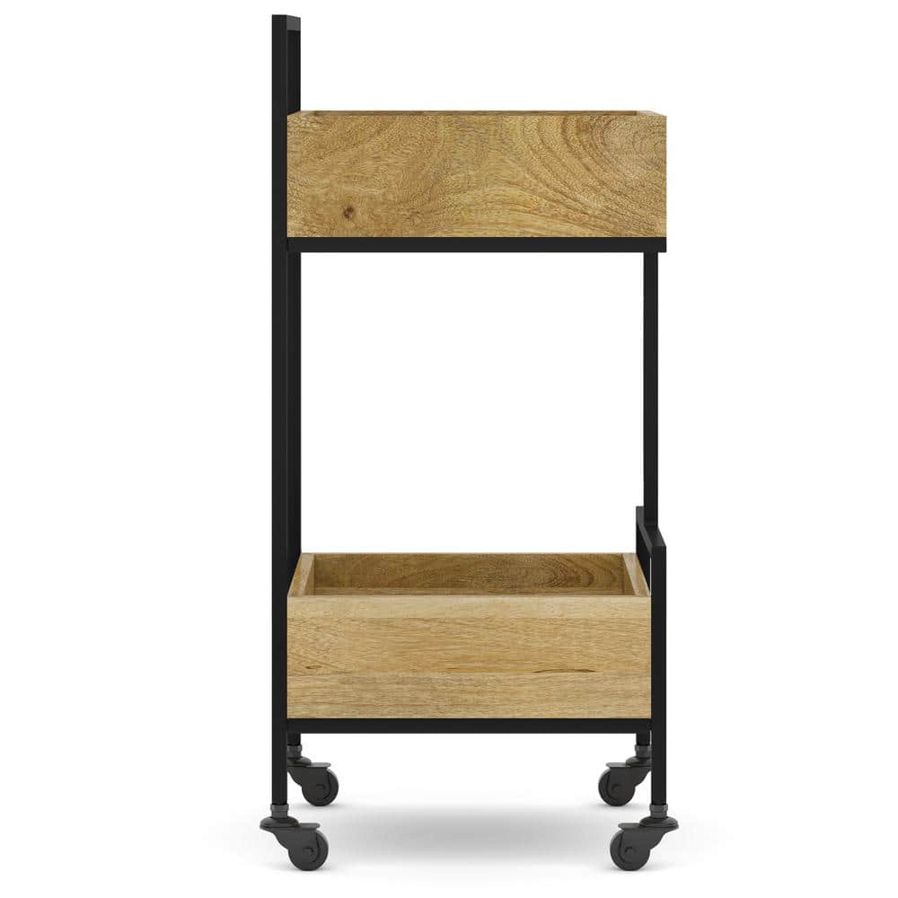Natural Mango Wood and Black Metal Industrial Bar Cart with Storage