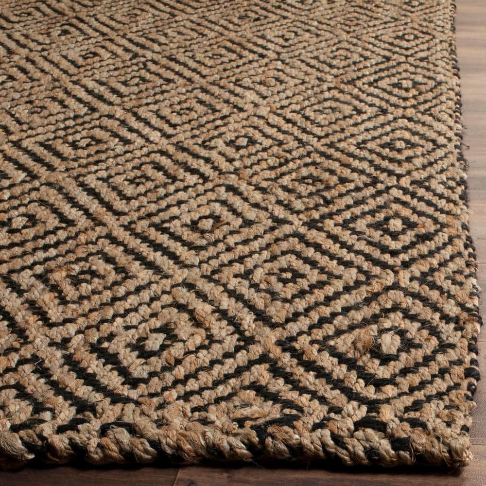 Hand-Knotted Geometric Jute Area Rug in Natural/Black, Round