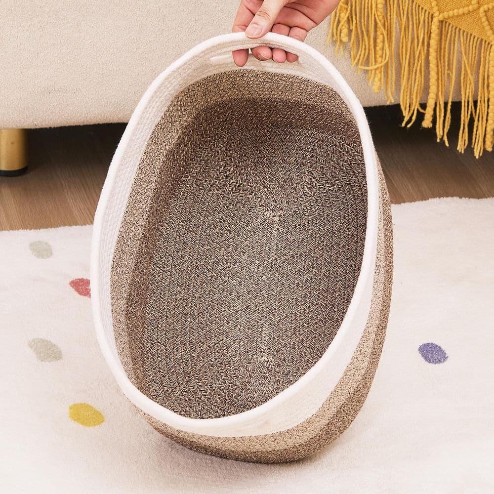 White and Linen Round Cotton Rope Storage Baskets, Set of 3