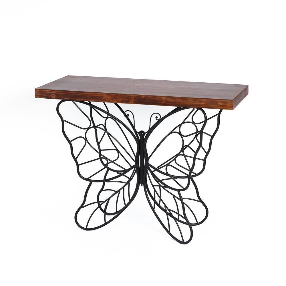 Dark Maple & Black Metal Butterfly Accent Console Table with Storage