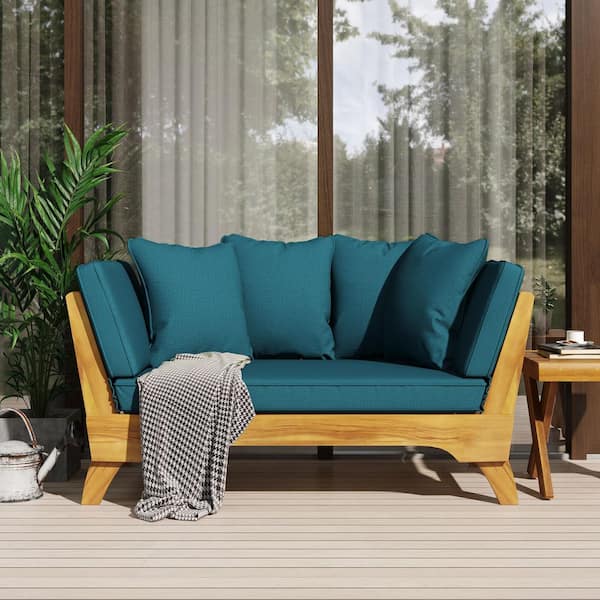 Unbranded Wood Outdoor Day Bed with Blue Cushions