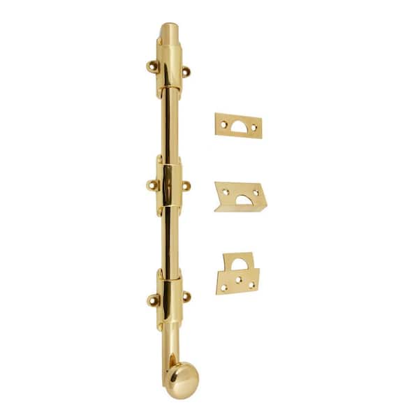 Heavy-Duty 12 in. Solid Brass Surface Bolt with Round Knob in Polished Brass
