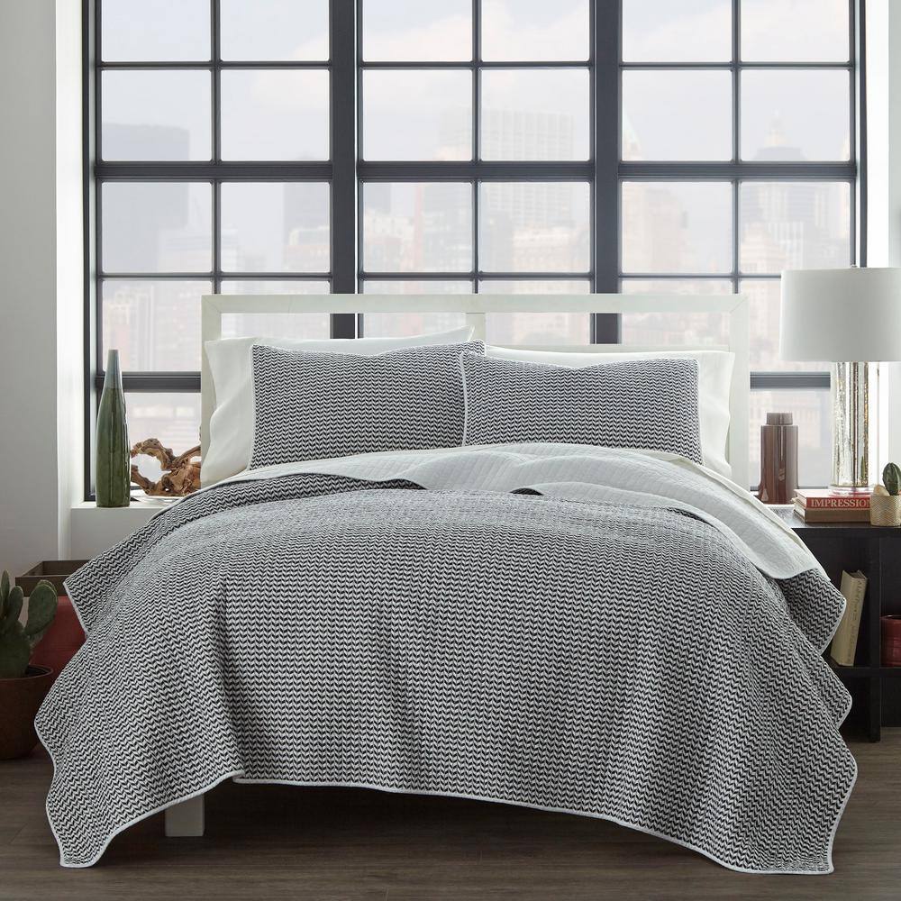 City Scene Leaves 3-Piece Black Geometric Cotton King Quilt Set ...