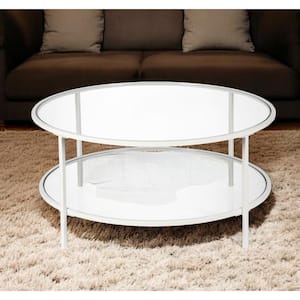 36 in. White Round Glass Coffee Table with Shelves Storage