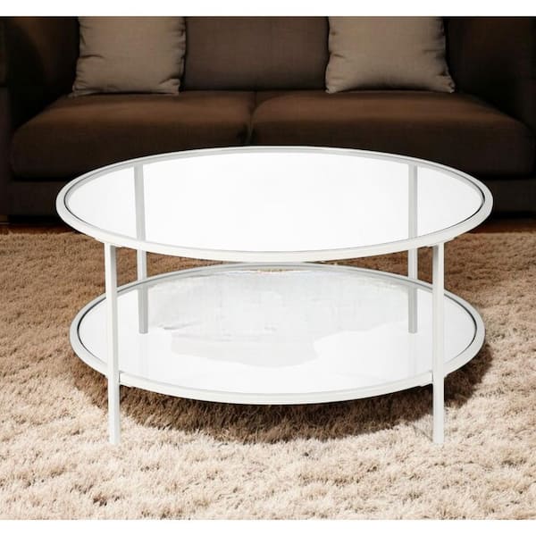 HomeRoots 36 in. White Round Glass Coffee Table with Shelves Storage