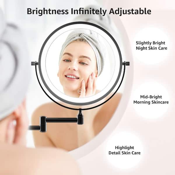 8 in. W x 8 in. H Lighted Magnifying Wall Makeup Mirror Rechargeable Makeup Mirror in Black