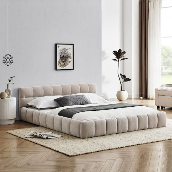 Elfin Beige Wood Frame Queen Size Platform Bed with Chenille Upholstered Headboard