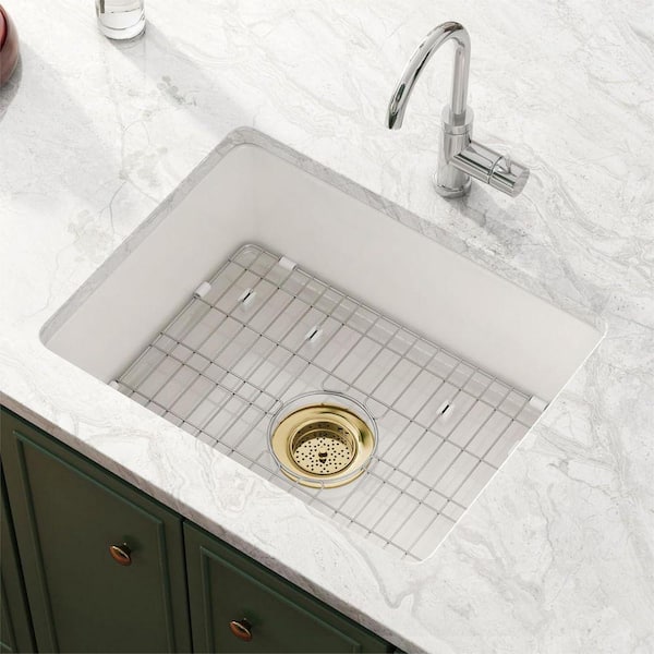 24 in. Fireclay Undermount Sink Single Bowl Glossy White Kitchen Sink with Gold Drain Assembly and Bottom Grid