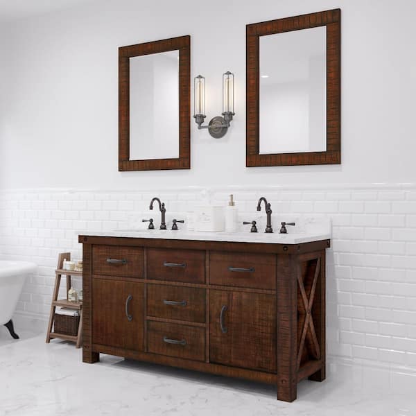 Water Creation Aberdeen 60 in. W x 22 in. D Vanity in Rustic Sienna with Marble Vanity Top in White with White Basin, Faucet and Mirror