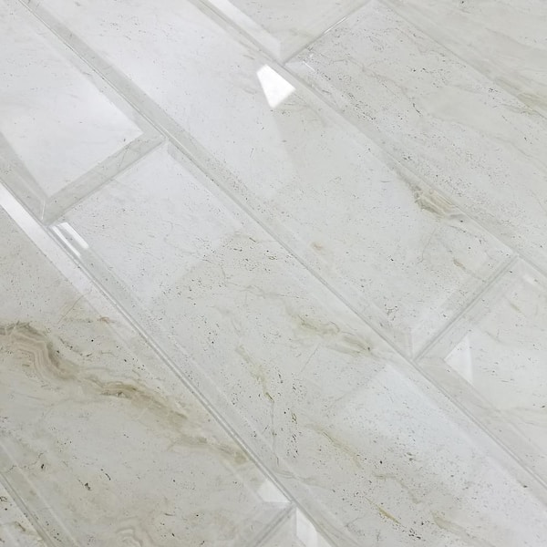 ABOLOS Tuscan Design Glossy Crema Marfil Beveled Subway 3 in. x 3 in. Glass Wall Tile Sample