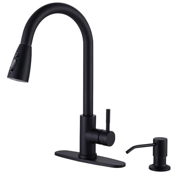 Stainless Steel Single Handle Pull Down Sprayer Kitchen Faucet with 3-Mode Spray, Soap Dispenser in Matte Black
