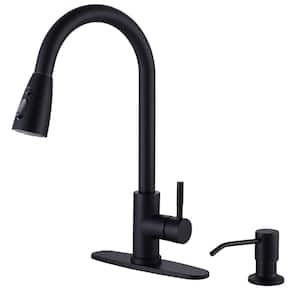 Stainless Steel Single Handle Pull Out Sprayer Kitchen Faucet with Deckplate and Soap dispenser in Black