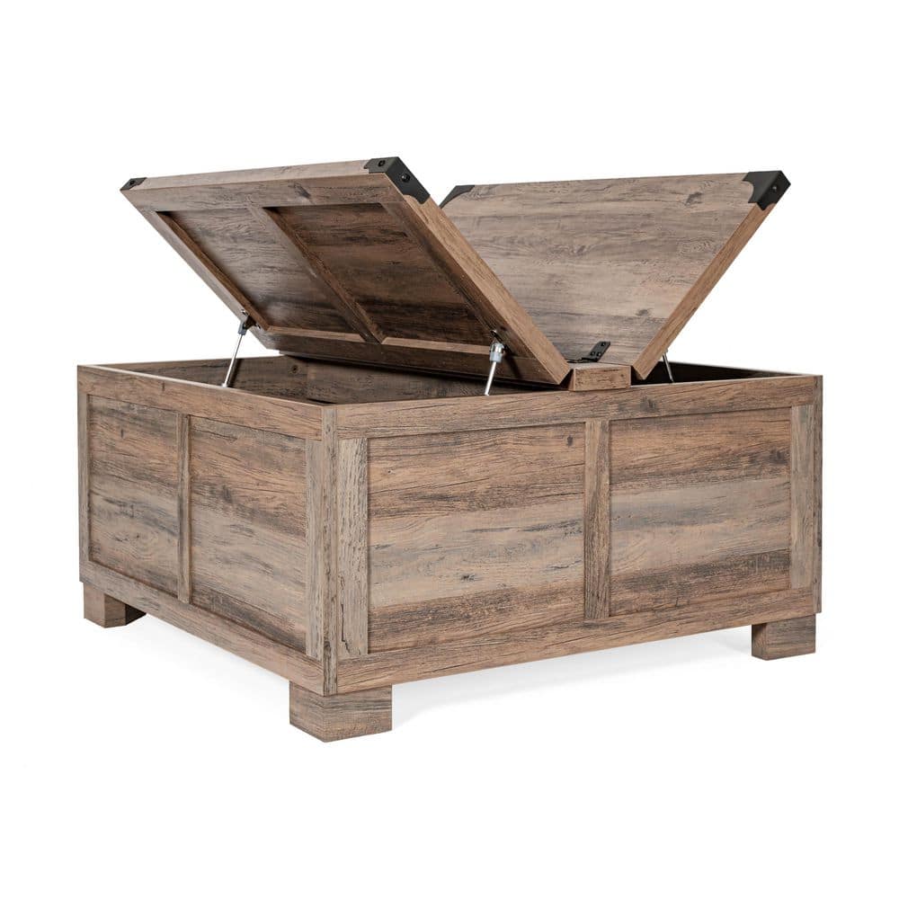 Rustic Gray Wash Square Wood and Metal Lift-Top Coffee Table with Storage