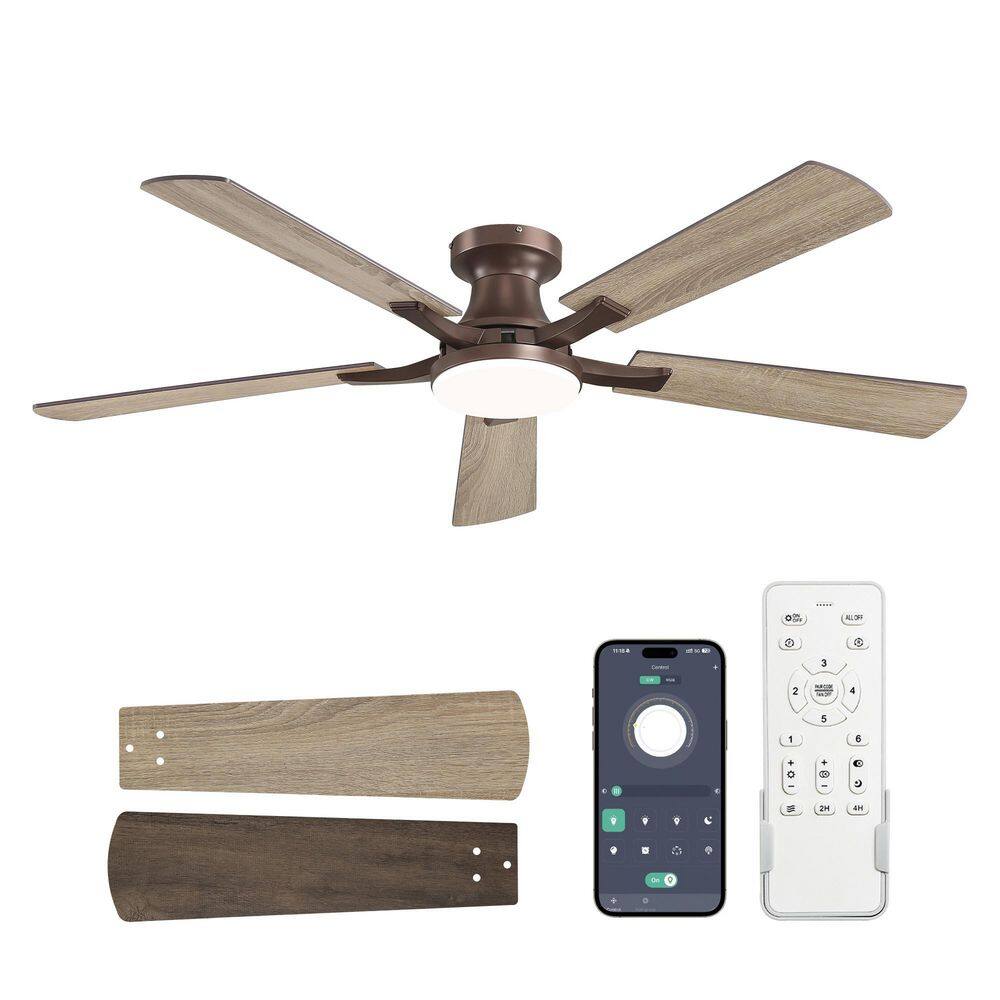 52 in. indoor Dimmable Brown 6-Speed Flush Mount Ceiling Fan with Adjustable LED and Remote Control price history on PriceWatchPro