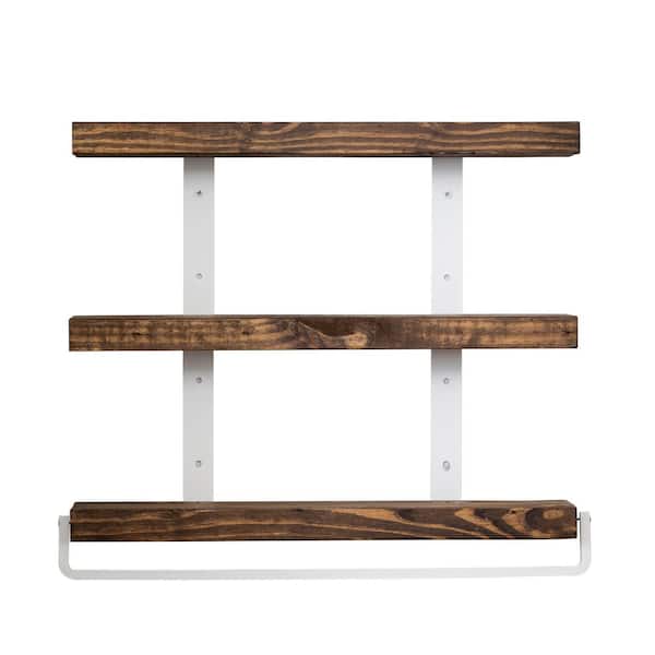 Del Hutson Designs 24 in. Dark Walnut Grace Chic 3-Tier Floating Shelf with Towel Holder