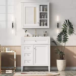 30 in. W Bath Vanity in White with White Wood Top and Mirror, Storage Cabinet with 2 Drawers and a Tip-out Drawer