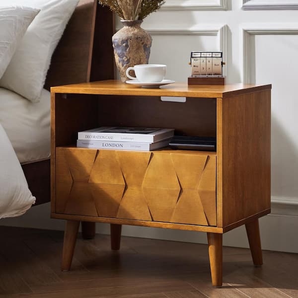 Rutenio Acorn Mid-Century Modern 1-Drawer 24 in. Nightstand with Charging Ports