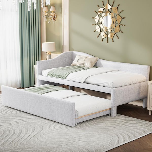 Beige Twin Upholstered L-Shaped Daybed with Pop-Up Trundle and Corner Backrest