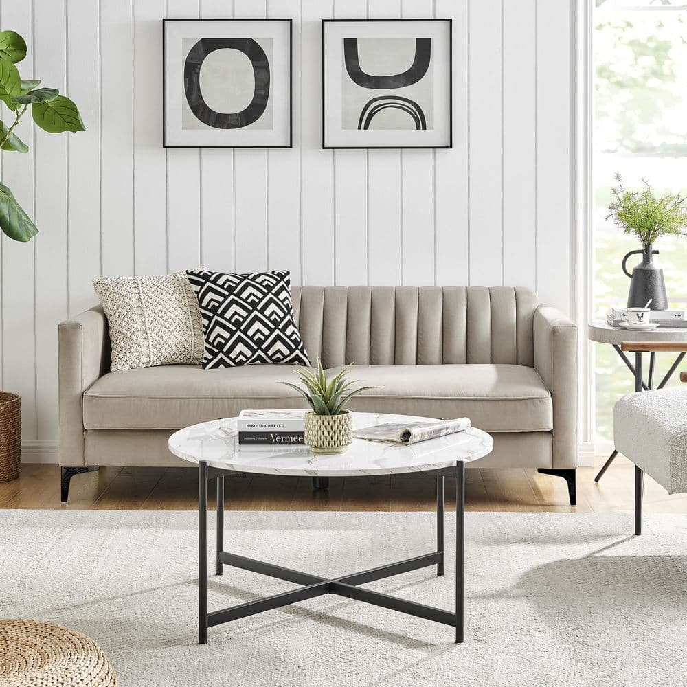 35" Round White Marble Finish Coffee Table with Black Metal Frame