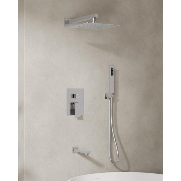 3-Spray Patterns with 10 in. Wall Mount Dual Shower Heads with Hand Shower in Brushed Nickel