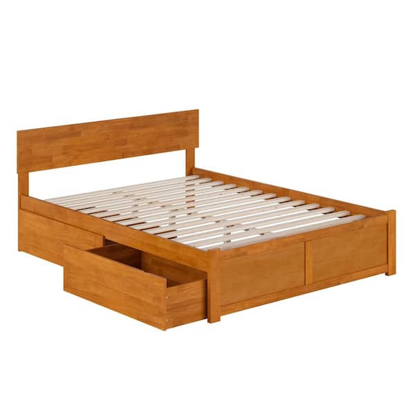 Orlando Light Toffee Natural Bronze Solid Wood Frame Queen Platform Bed with Footboard and Storage Drawers