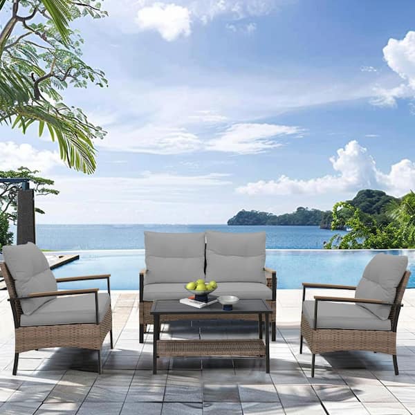 4-Piece Wicker Patio Furniture Set Rattan Outdoor Sofa Set, Loveseat and 2 Single Chair with Gray Cushion, Coffee Table