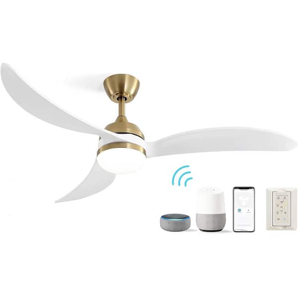 Sofucor 52 in. LED Indoor/Outdoor Smart Downrod Gold Ceiling Fan Wood Blades with Light and 6-Speed Remote