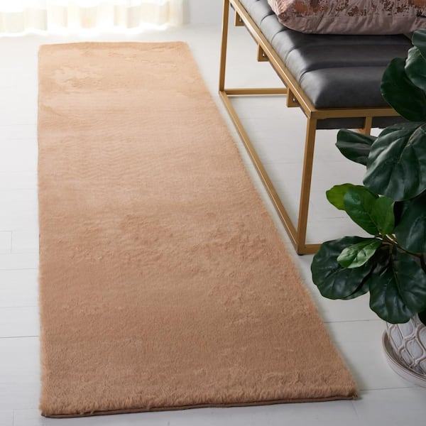 Faux Rabbit Fur Beige 2 ft. x 8 ft. Machine Washable High Low Solid Color Runner Rug
